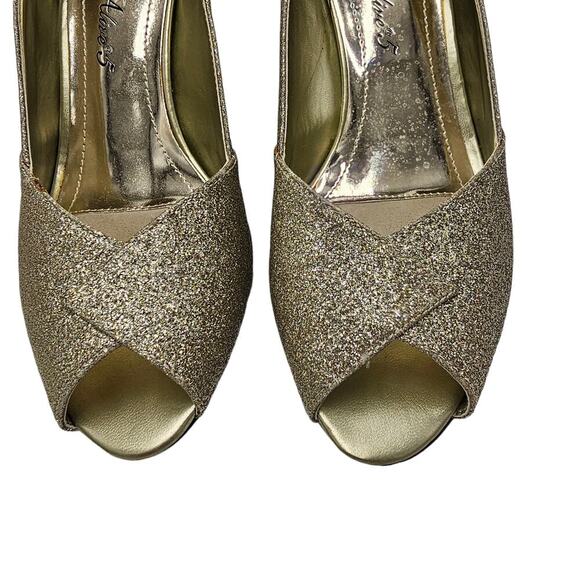 Gold Heels Womens Size 7.5 Sparkle Glitter Glam Wedding Dress Peep Toe Metallic - Picture 9 of 16